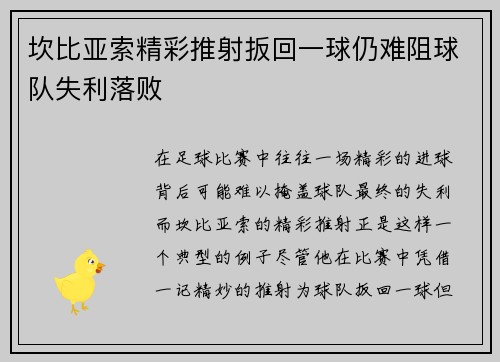 坎比亚索精彩推射扳回一球仍难阻球队失利落败
